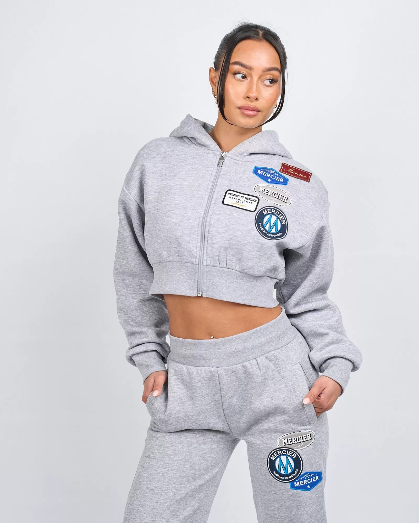 Outlet Damen | Hoodies Für Damen>Mercier Frauen Grau Marl OG Abzeichen Crop Hoodie mit Reiß verschluss